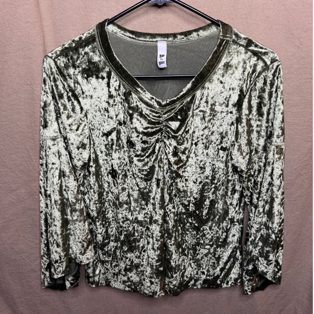 W by Wilt Womens Olive Green Crushed Velvet Bell Sleeve Ruched V-Neck Top Small